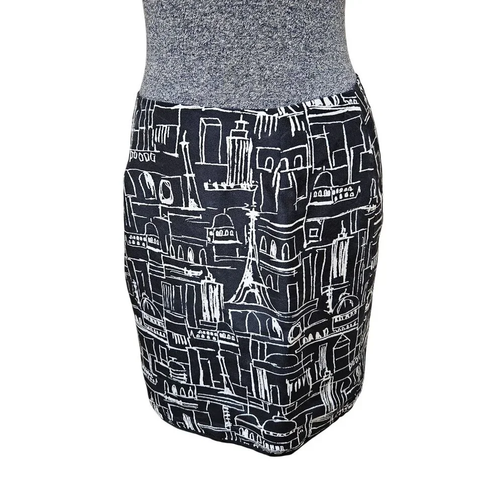 Grace Elements Skirt Womens Sz 8P Black White Silk Abstract Architecture Print - Picture 5 of 7